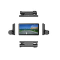 Black car dashcam with 4-inch touchscreen display showing dual camera view, mounted on a car windscreen.