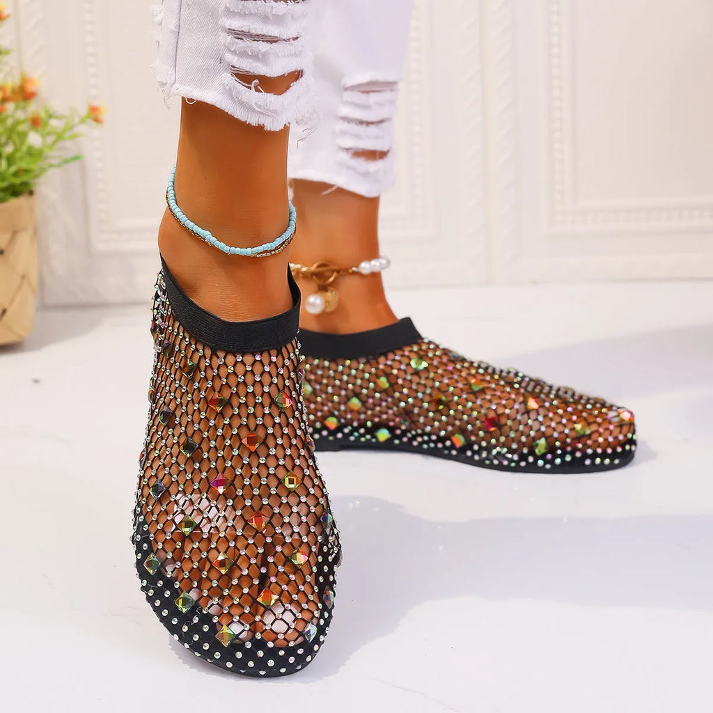 Women's colourful rhinestone flat sandals with mesh upper and rubber sole