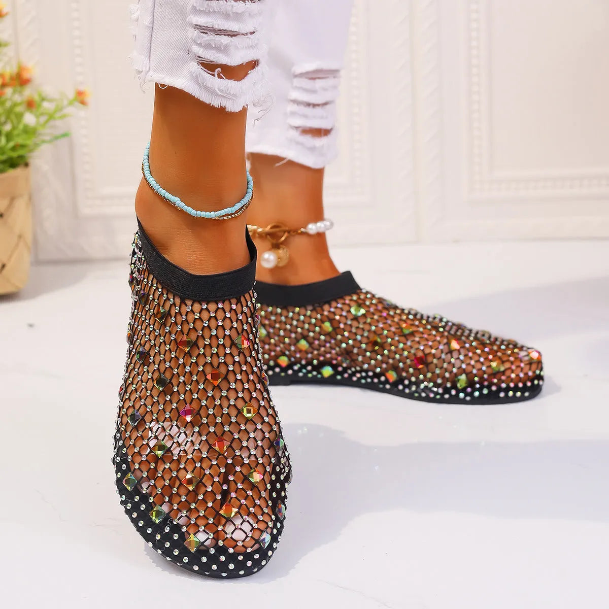 Women's colourful rhinestone flat sandals with mesh upper and rubber sole