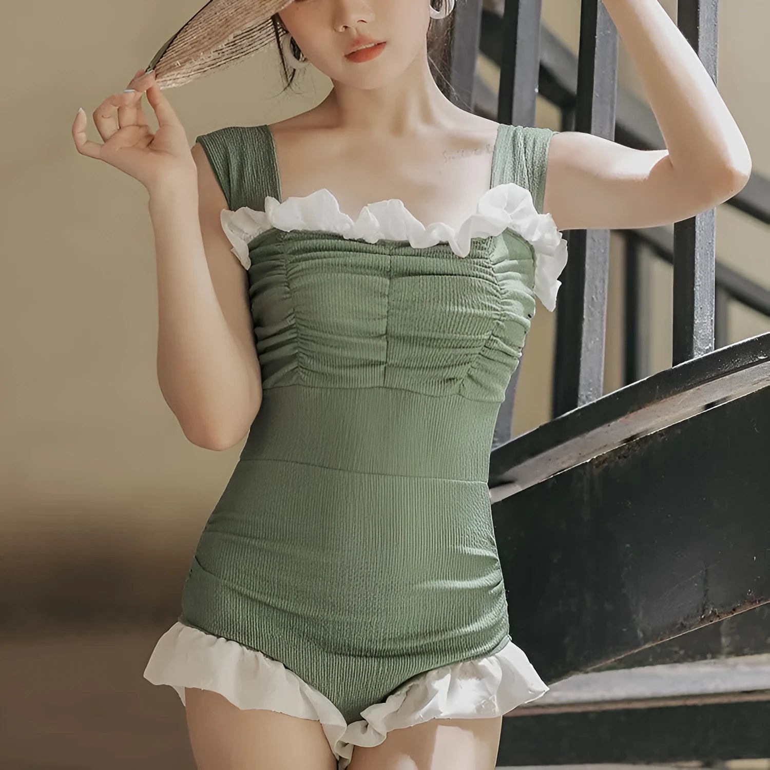 Black high waist one-piece swimsuit with quick-dry polyester fabric
