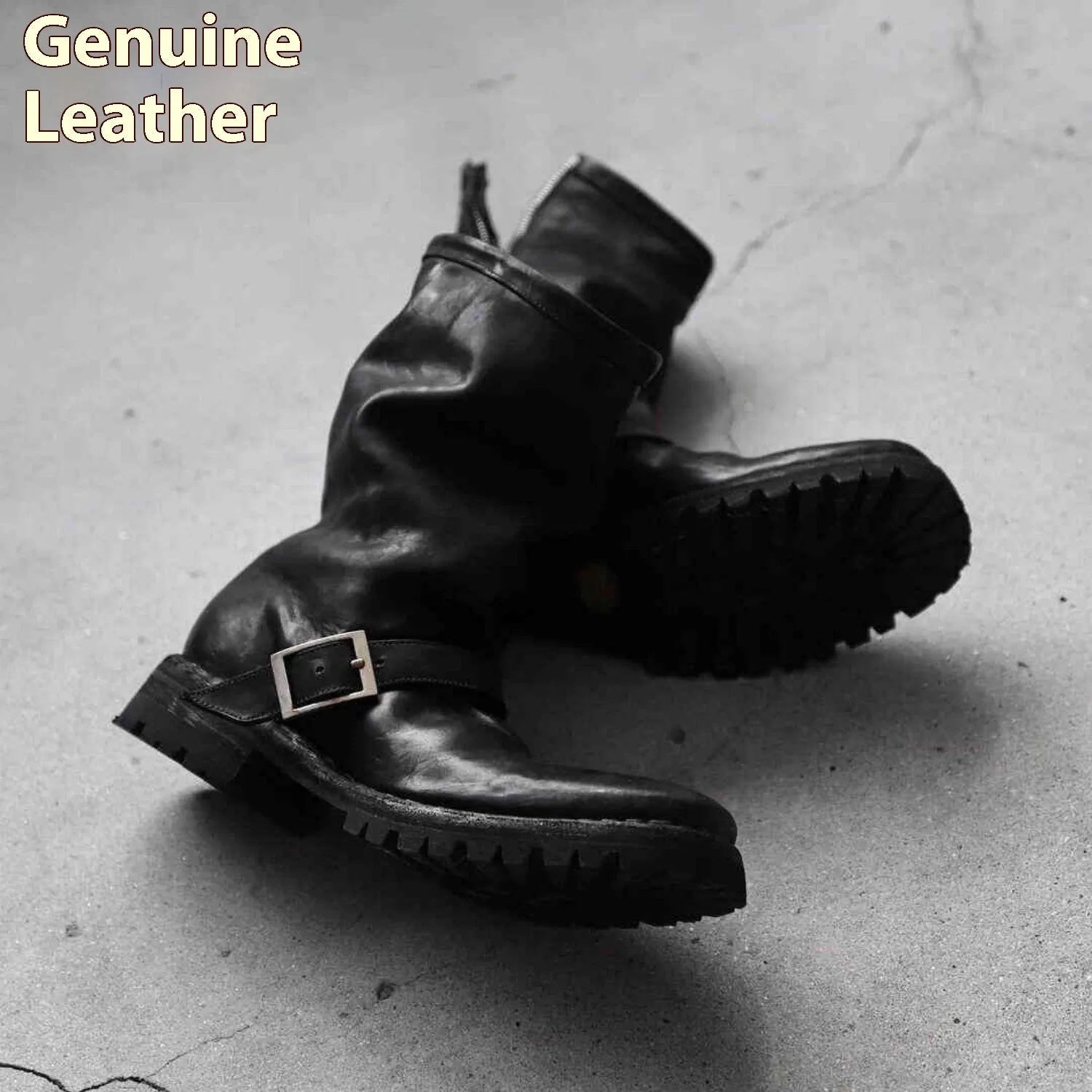 Men's dark retro Martin ankle boots with side zipper and round toe in black.