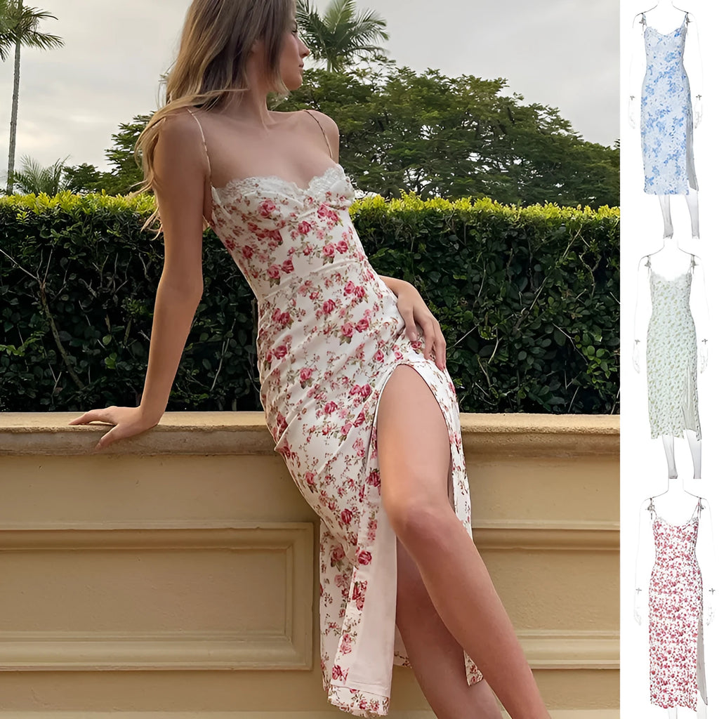 Women's long dress with lace flowers print pattern, side slit, and suspender straps in polyester fabric