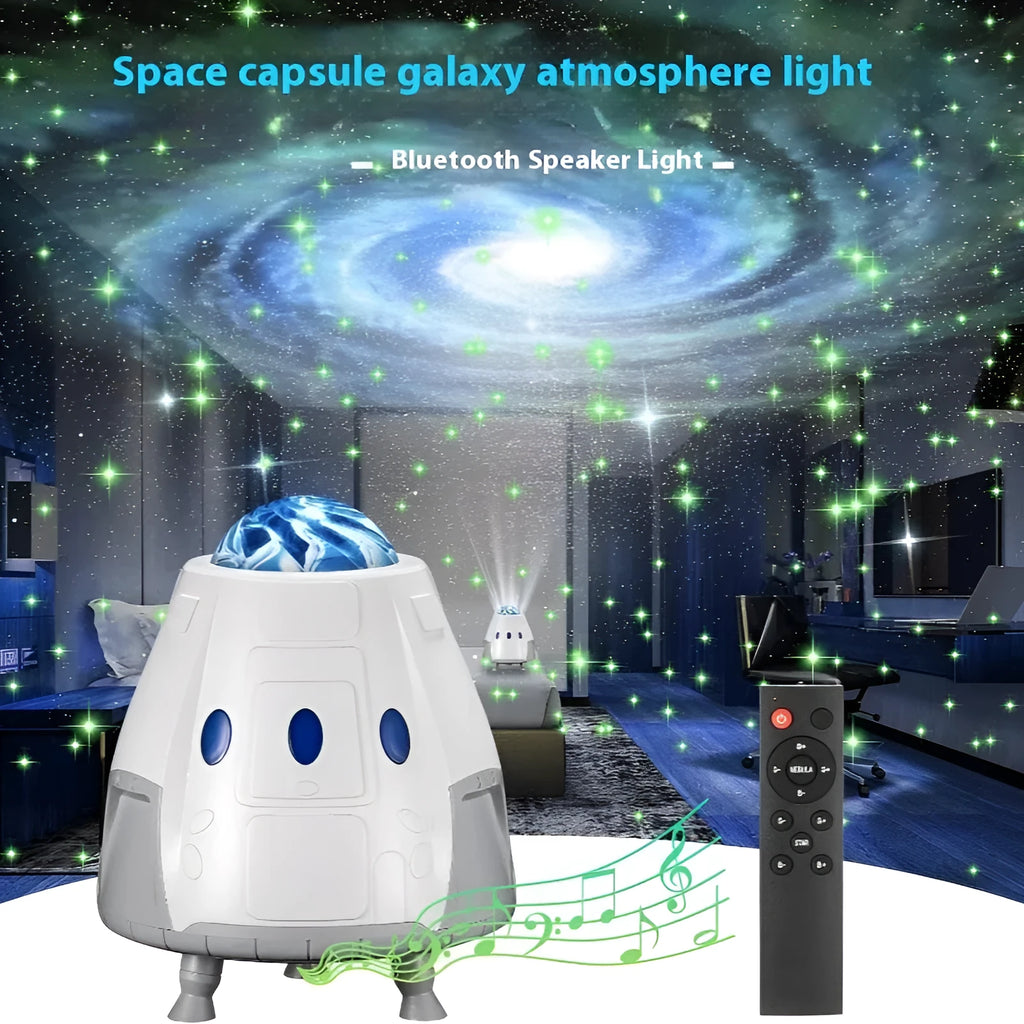 Space capsule shaped projection lamp showing galaxy lighting effects on wall, available in Space Grey or Space White finish
