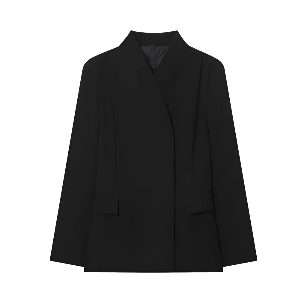 Women's black slim-fit polyester blended suit jacket with long sleeves, loose fit, solid colour