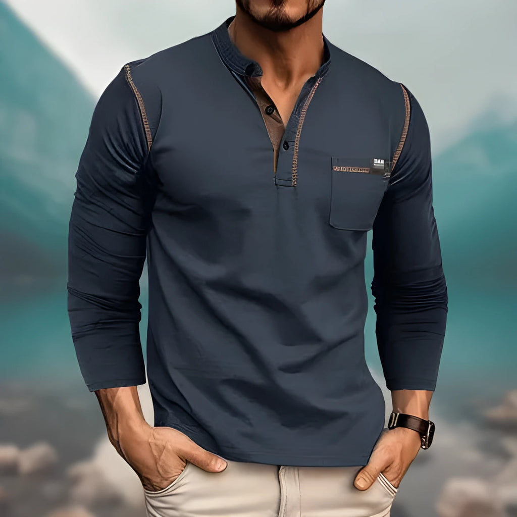 Men's long sleeve color matching cotton blend pullover shirt in six solid colours, sizes S to XXL