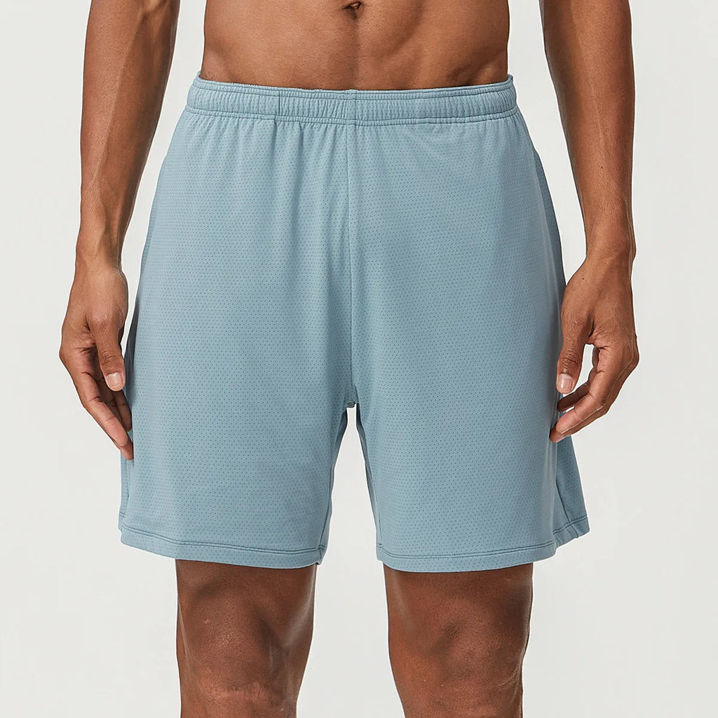 Men's quick-dry nylon double-layer running shorts in dark brown, shown laid flat.