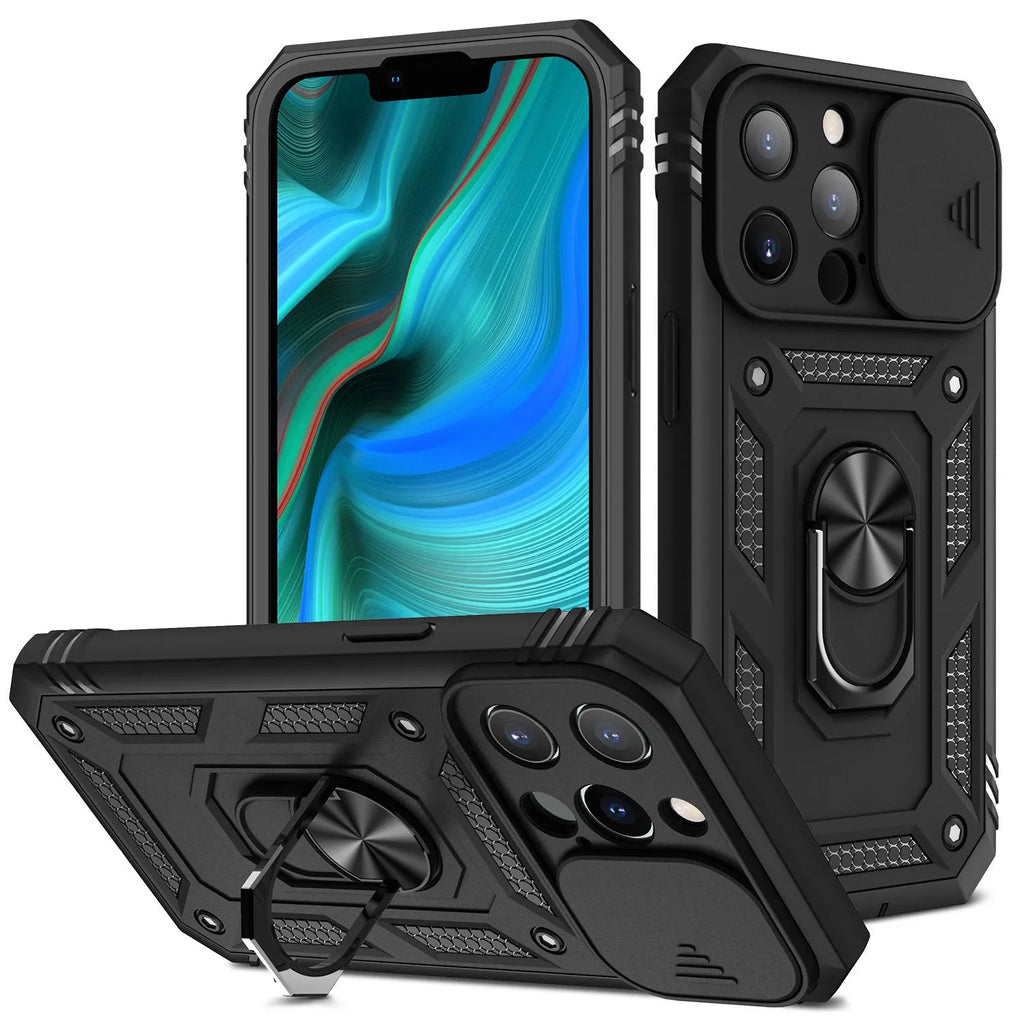 Magnetic sliding window phone case for Apple iPhone in sapphire blue and grey green colours