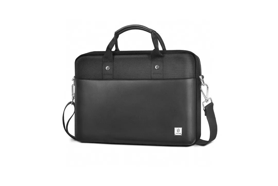 Black Oxford cloth multi-pocket laptop handbag showing separate internal layers and an integrated lock.