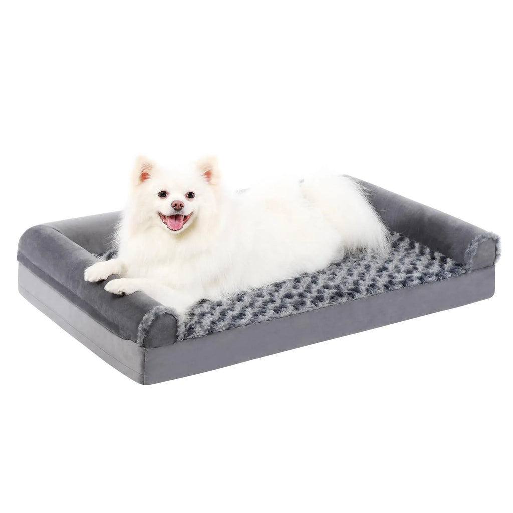 Grey U-shaped removable cover dog sofa bed with embossed velvet fabric, shown in a home setting.