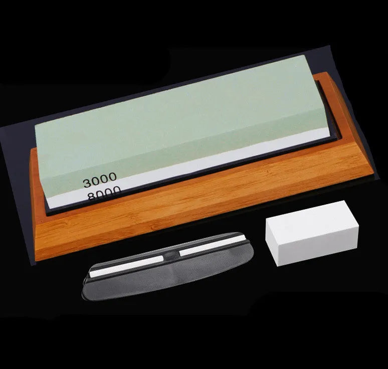 Double-sided 3000/8000 grit white corundum whetstone sharpening kit with bamboo base and accessories