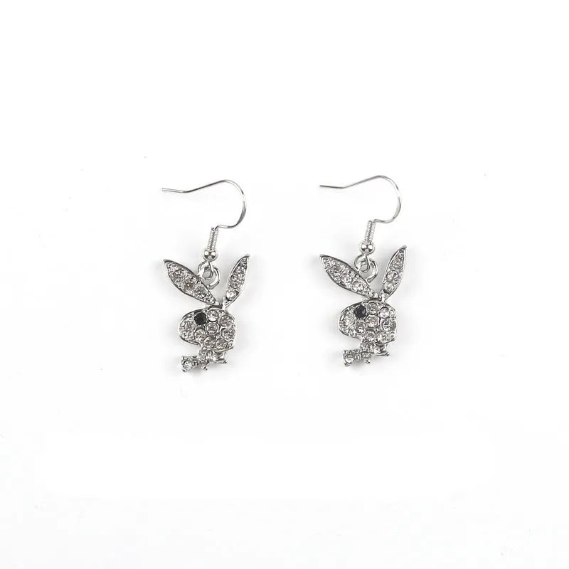 Cute full diamond rabbit stud earrings in silver, gold, and pink colour options.