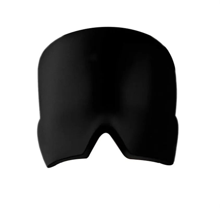 Black reusable ice gel headache relief eye mask on a white background.