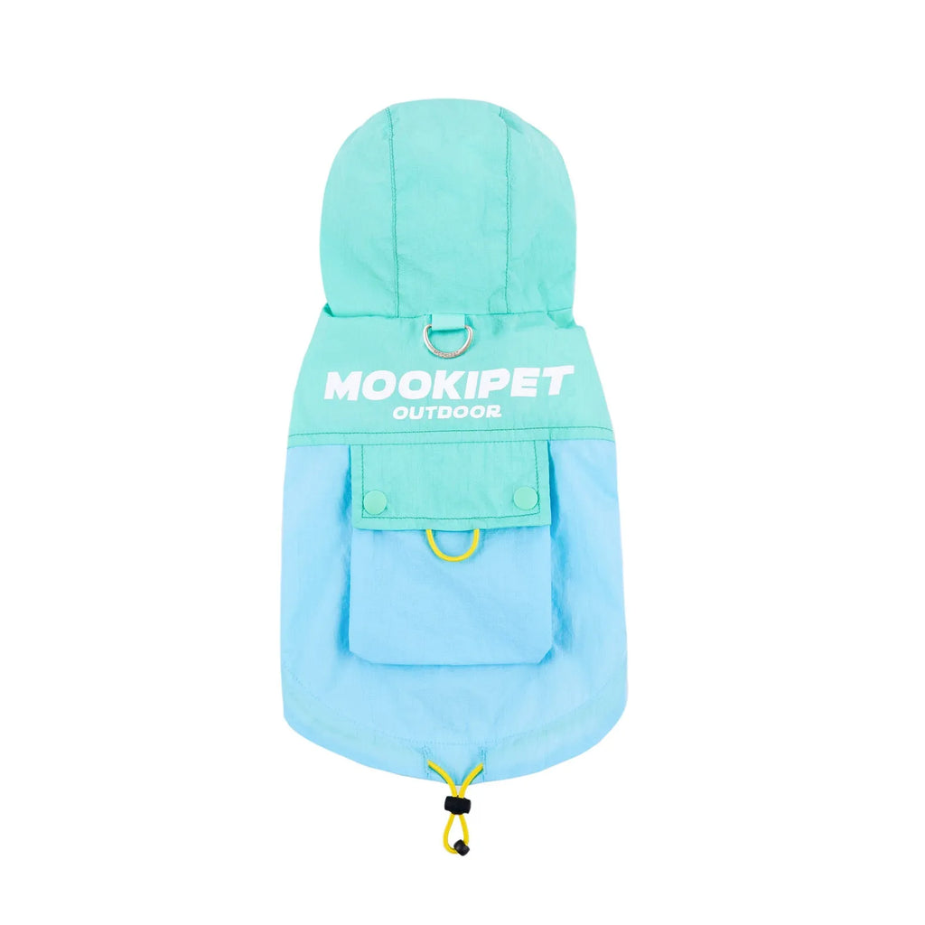 Mookipet 100% nylon dog sun protection vest in blue and green, side view showing traction point, for small dogs sizes XXS to XXL