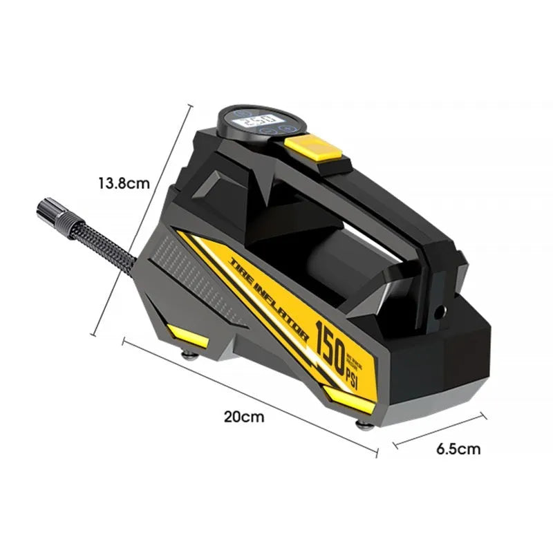 Black vehicle-mounted tyre inflator with digital display and LED light feature