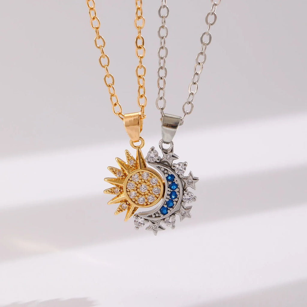 Two copper sun and moon magnetic pendant necklaces on a white background, clavicle chain length, set for couples
