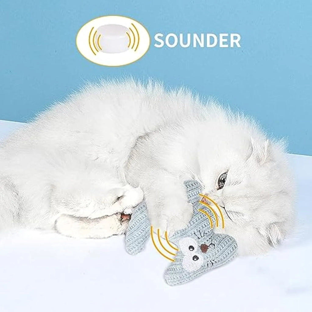 Cyan and light coffee coloured plush cat toys with bells and catnip, measuring 12 by 11 cm.
