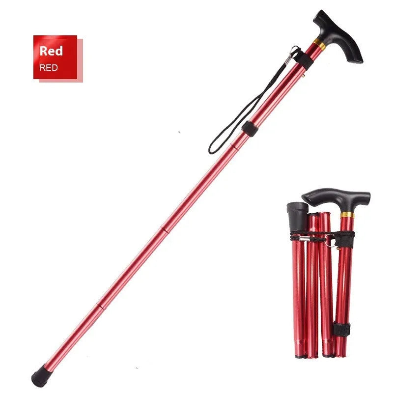 Aluminium folding walking cane with a non-slip handle, shown extended and in silver colour.