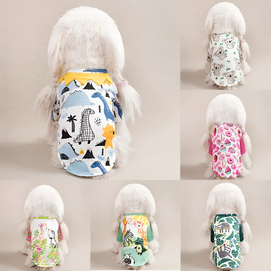 Small dog wearing a full printed casual t-shirt for spring and autumn.