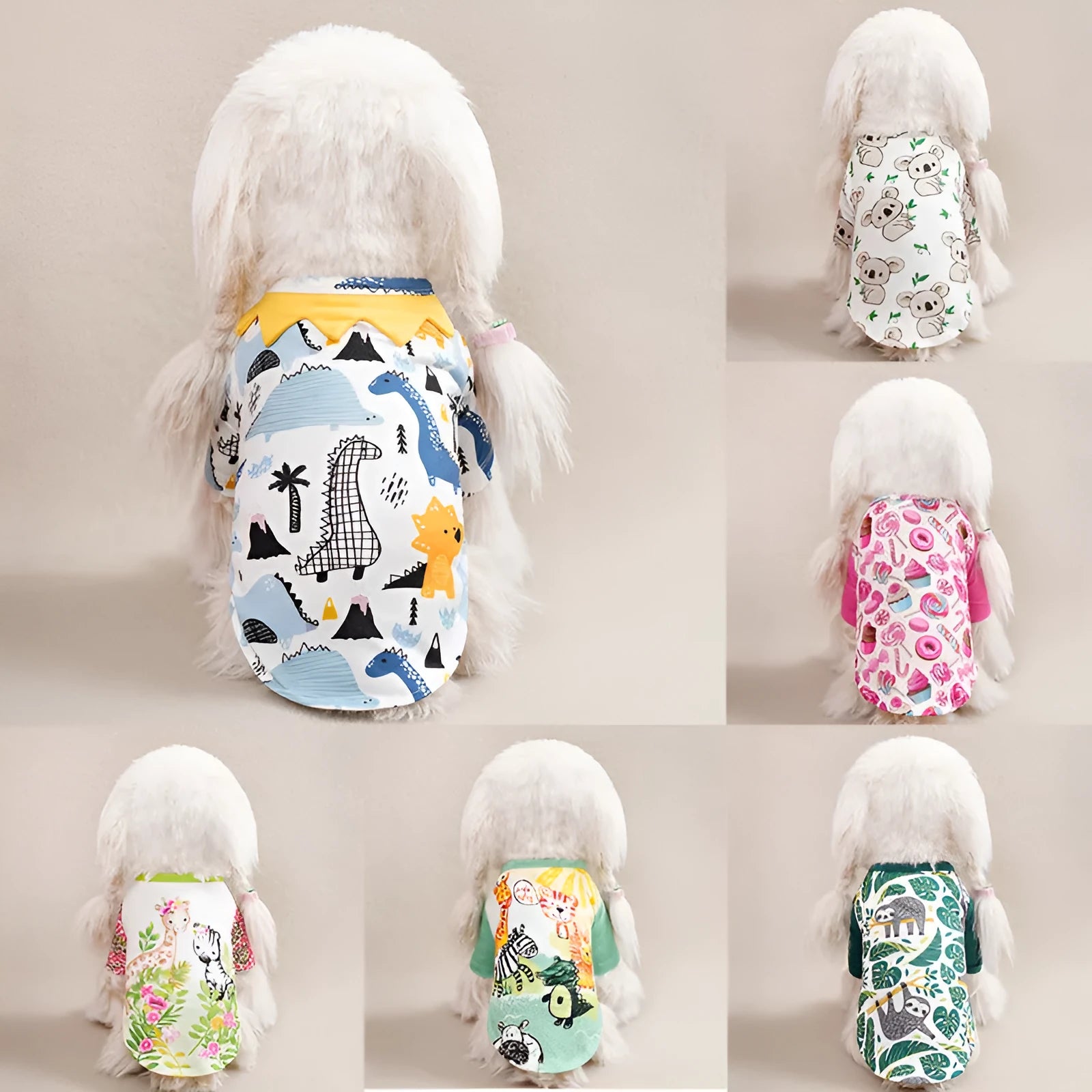Small dog wearing a full printed casual t-shirt for spring and autumn.