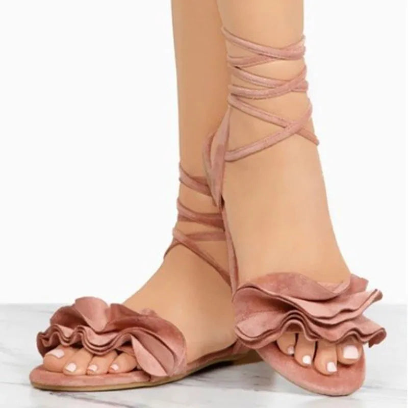 Fashion plus size flower flat sandals for ladies in suede with ankle strap and flat heel