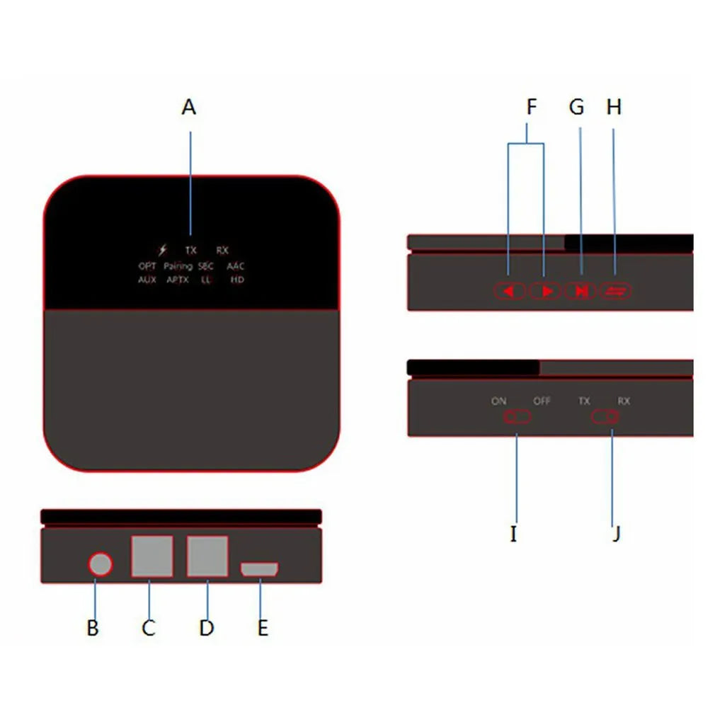 Black CSR8675 Bluetooth 5.0 two-in-one adapter with SPDIF and AUX ports, 600mAh battery