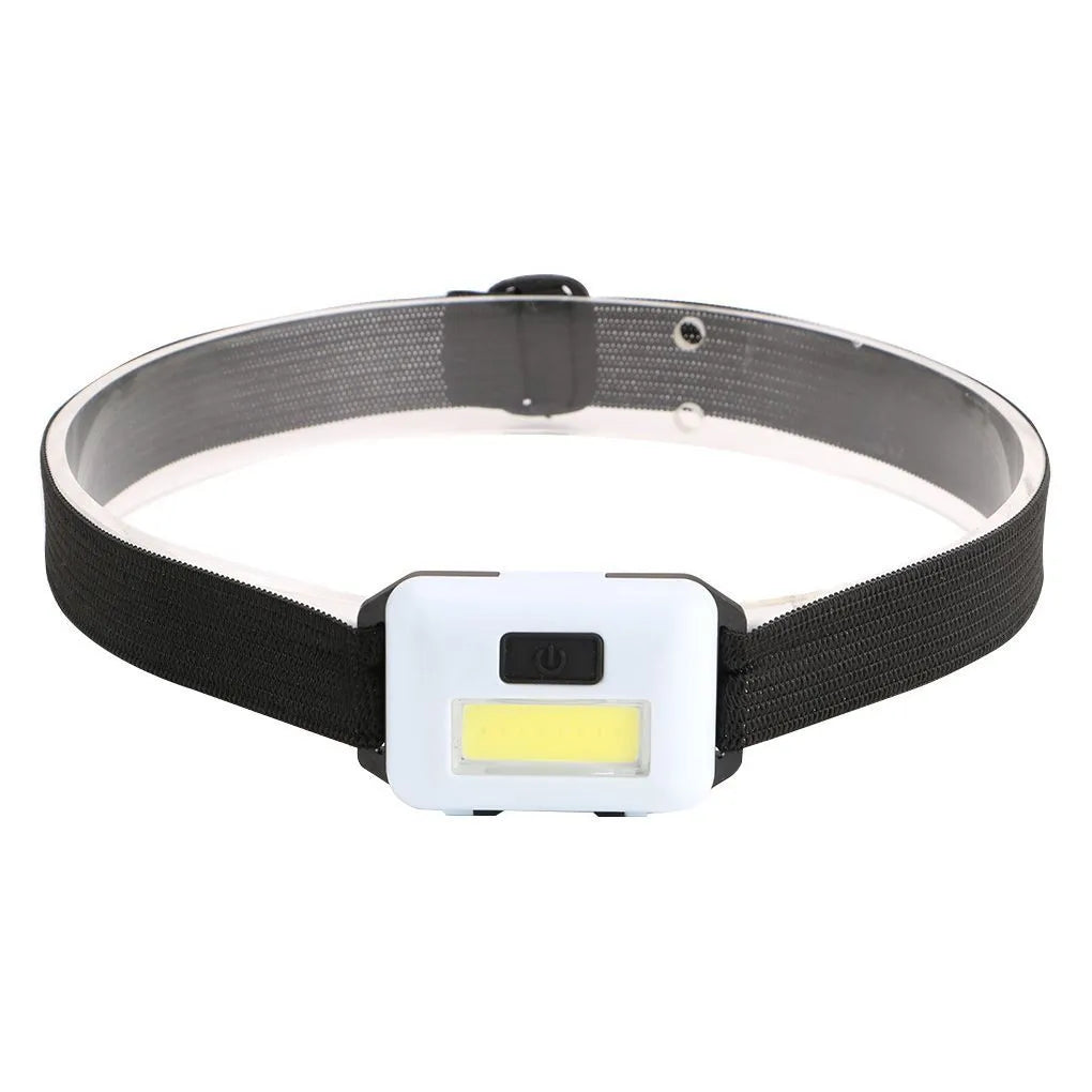Small blue outdoor LED headlight with adjustable polyester strap on a dark background.