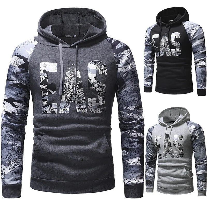 Mens long sleeve camouflage print hooded sweatshirt in polyester fibre, black colour, front view