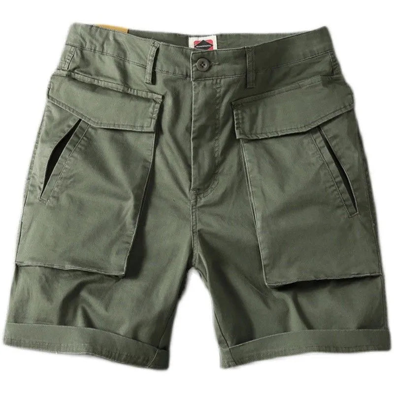 Men's straight-leg cotton cargo shorts in khaki with multiple pockets and stretch fabric.