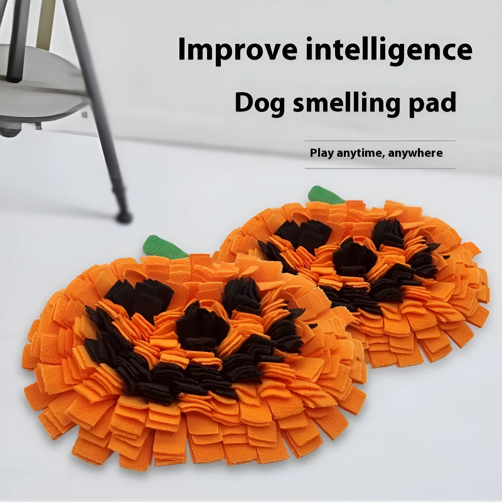 Orange, black, and green pumpkin-shaped pet smell mat made from polar fleece cloth.