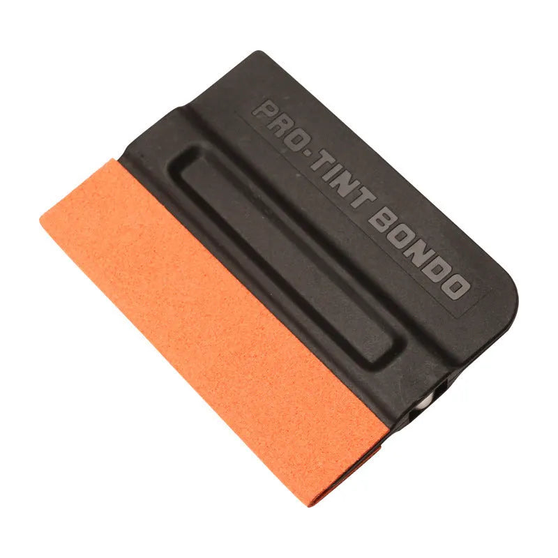 Car vinyl wrap scraper tool with black ABS plastic handle and interchangeable blue deerskin scraping pad.