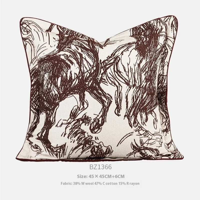 Close-up of a golden horse abstract design on a textured jacquard cushion cover in a choice of colours.