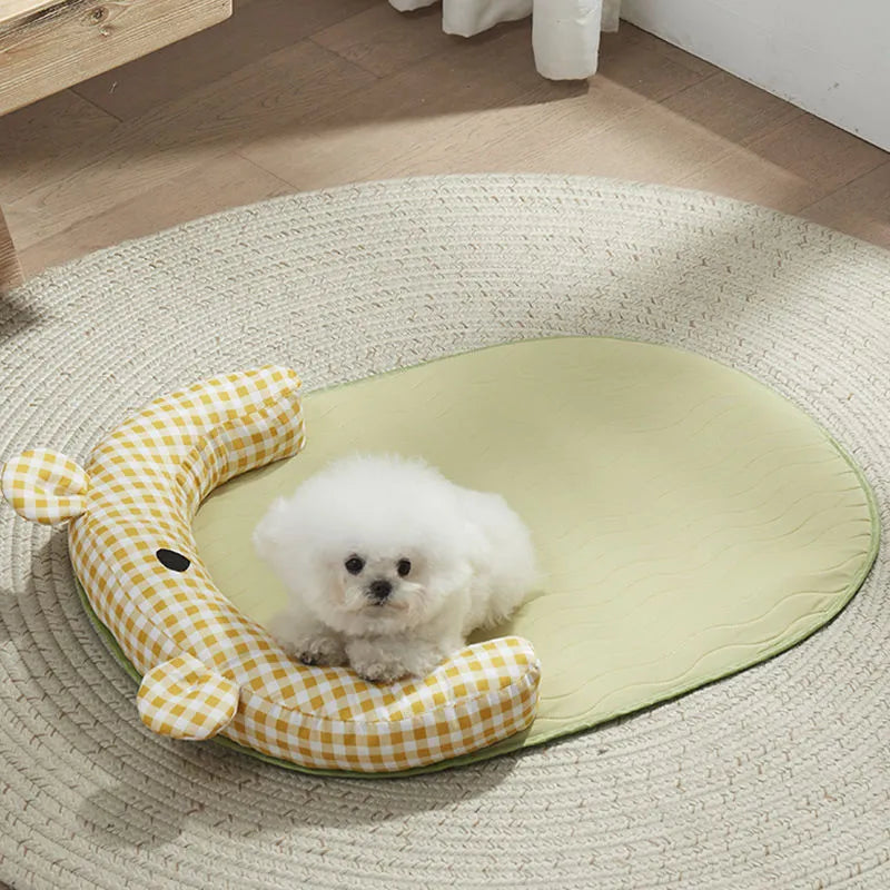 Green and yellow reversible dog cooling mat showing both sides, with size options S M L XL.