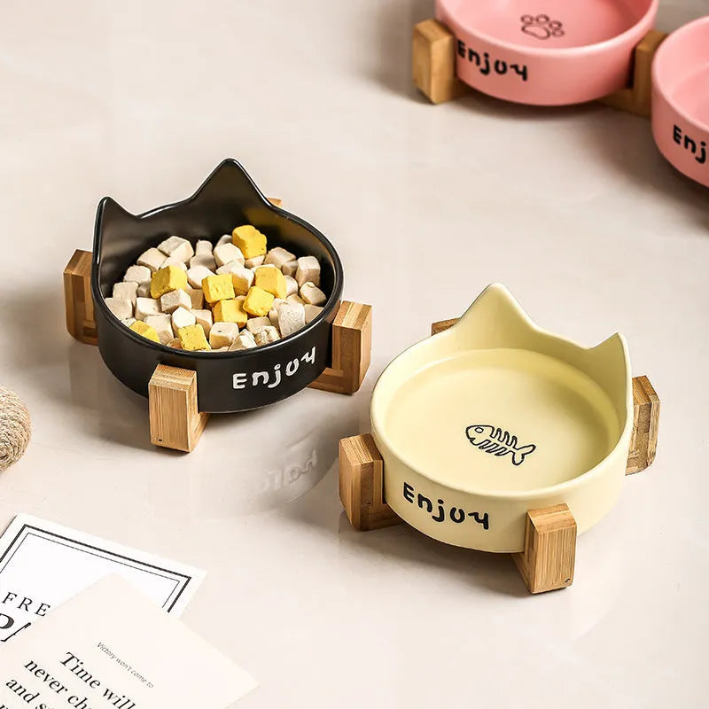 Porcelain cat bowl with wooden anti-tumble frame in chosen colour with cat ear design