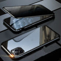 Black double-sided glass magnetic clamshell iPhone case showing front and back tempered glass protection
