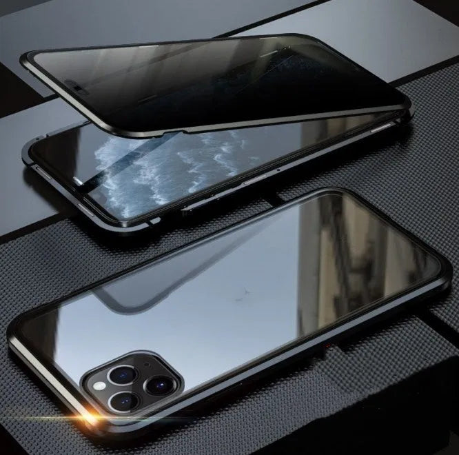 Black double-sided glass magnetic clamshell iPhone case showing front and back tempered glass protection