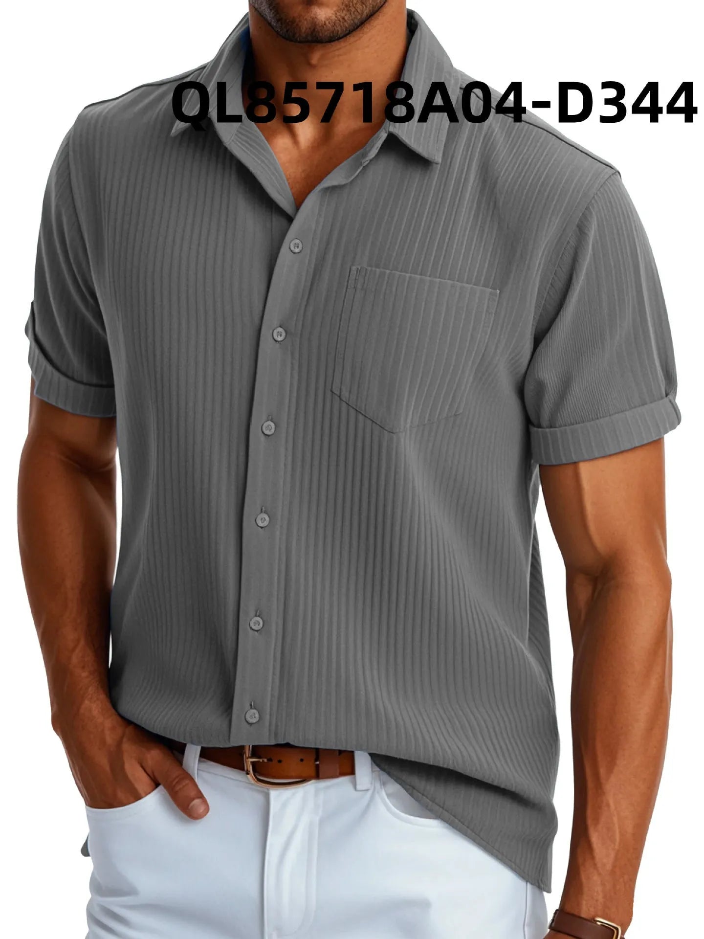 Men's loose fit printed polyester casual shirt with short sleeves and lapel