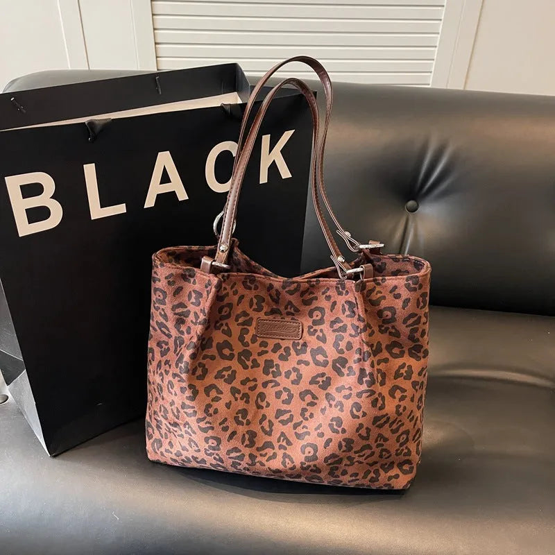 Leopard print suede shoulder bag with double straps, horizontal square shape, coffee and brown colour options