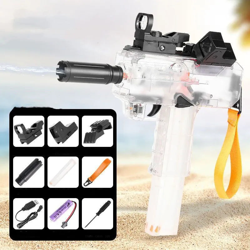 Uzi Electric Burst Water Gun toy in blue with transparent body and tactical sights