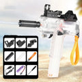 Uzi Electric Burst Water Gun toy in blue with transparent body and tactical sights