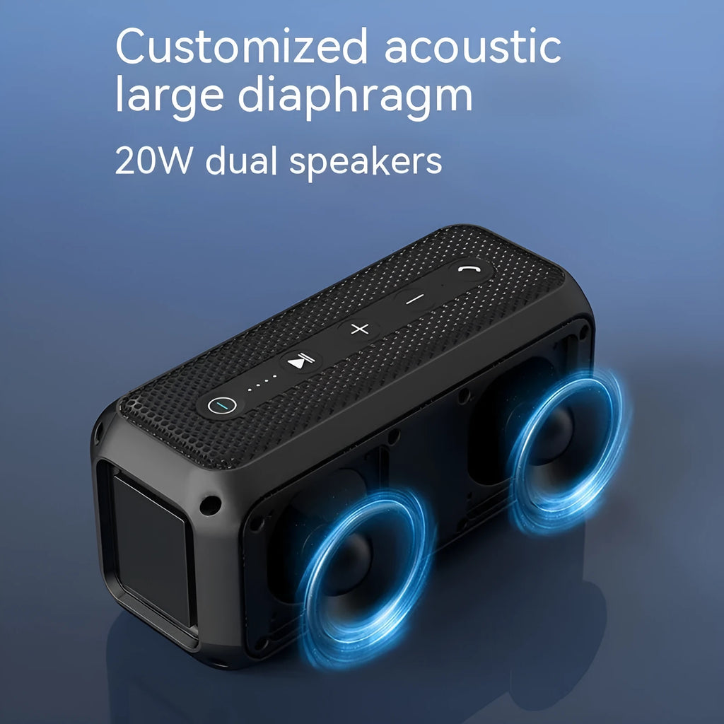 Black plastic portable Bluetooth speaker with subwoofer and 4000mAh battery for outdoor and home use