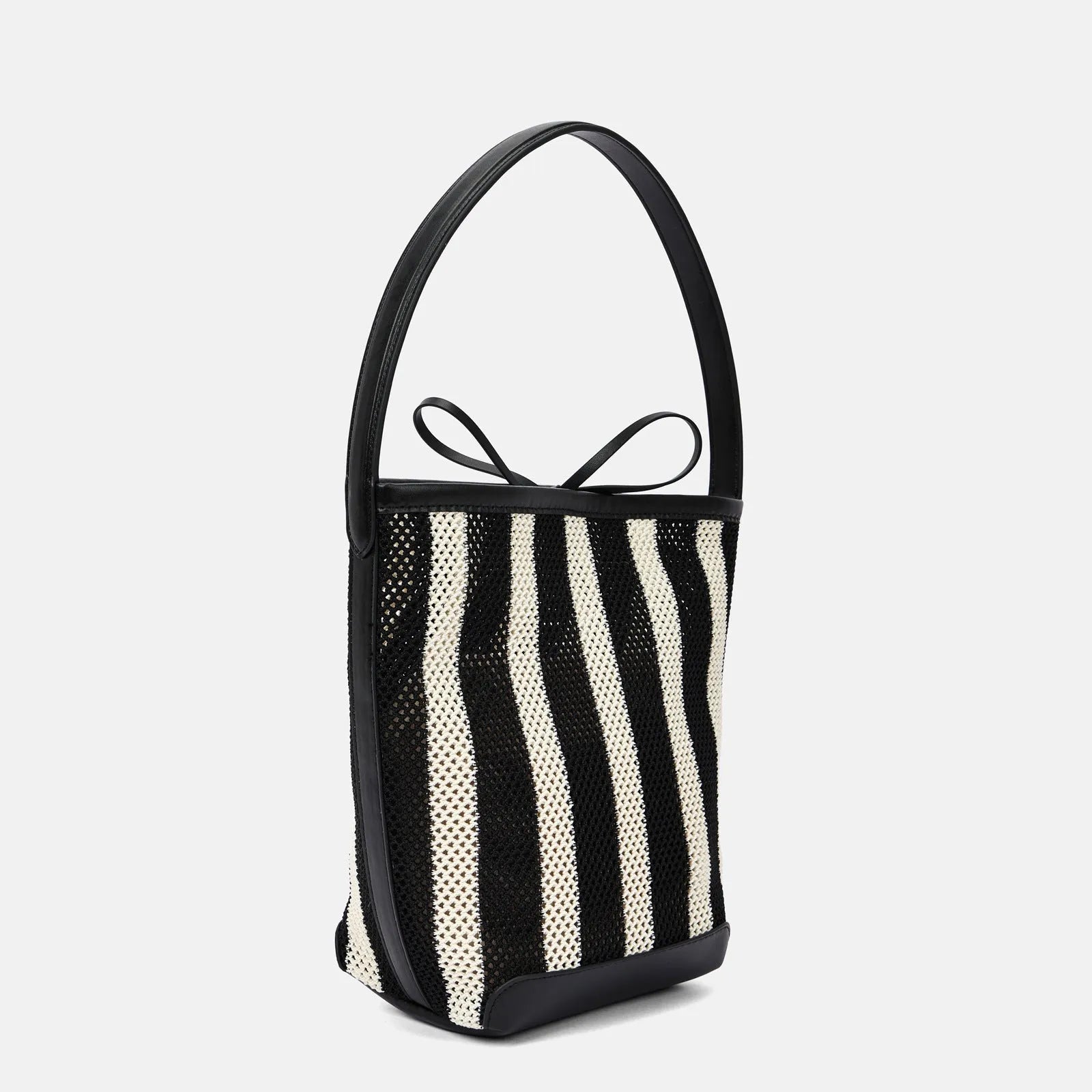 Black and white striped woven shoulder bag with bucket shape showing dimensions