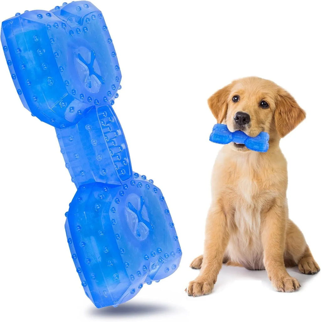 Pet teether cooling chew toy for dogs in Bones shape with blue non-toxic outer layer and water filling