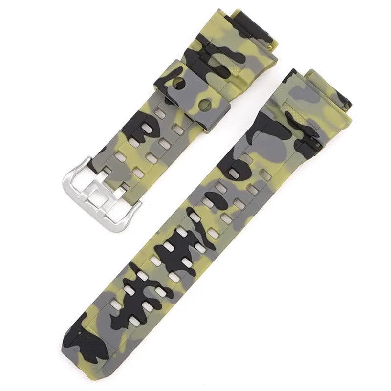Camouflage pattern TPU watch strap with silver buckle on a 20mm watch lug