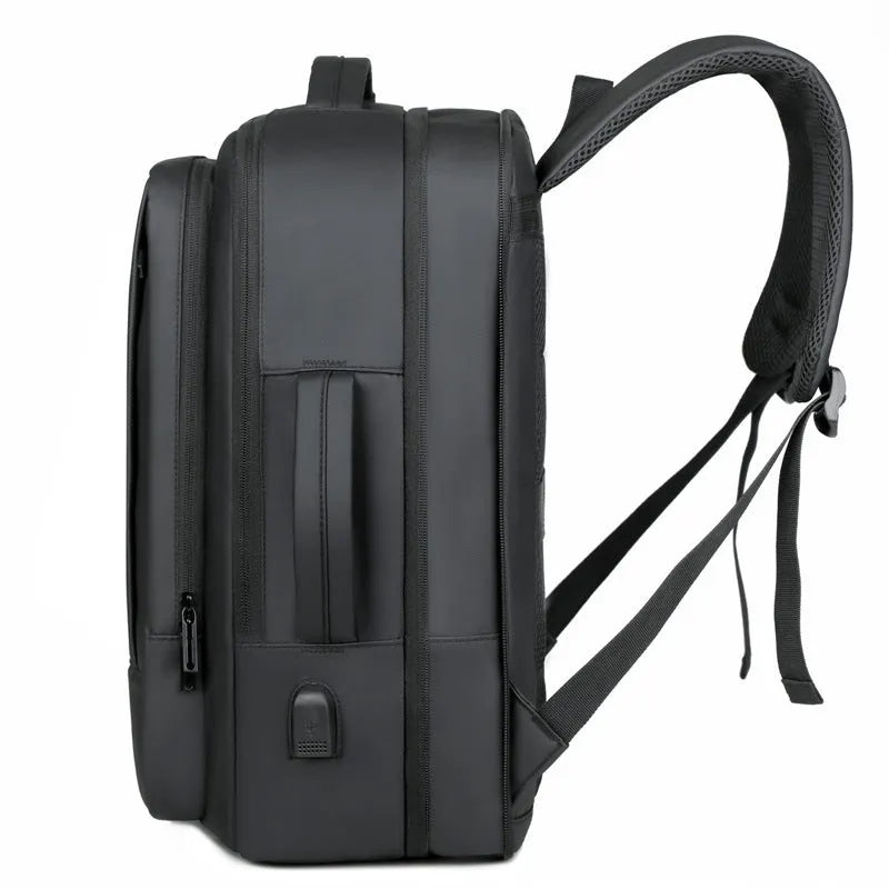 Black waterproof Oxford cloth backpack with curved shoulder straps and business organisation