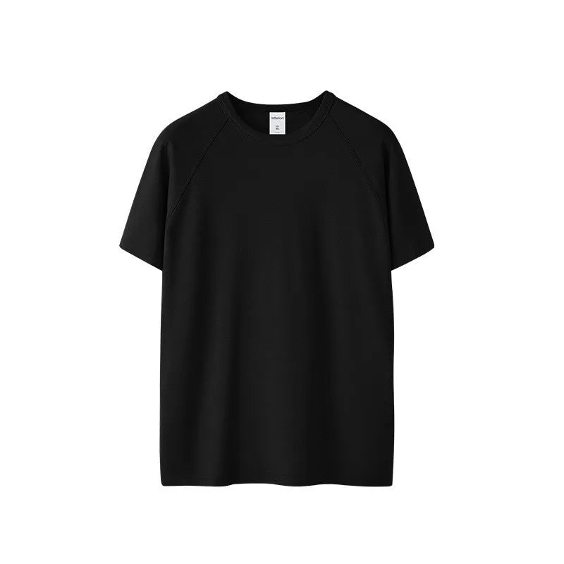 Navy slim fit stretch t-shirt shown in vest and short sleeve styles for men and women.