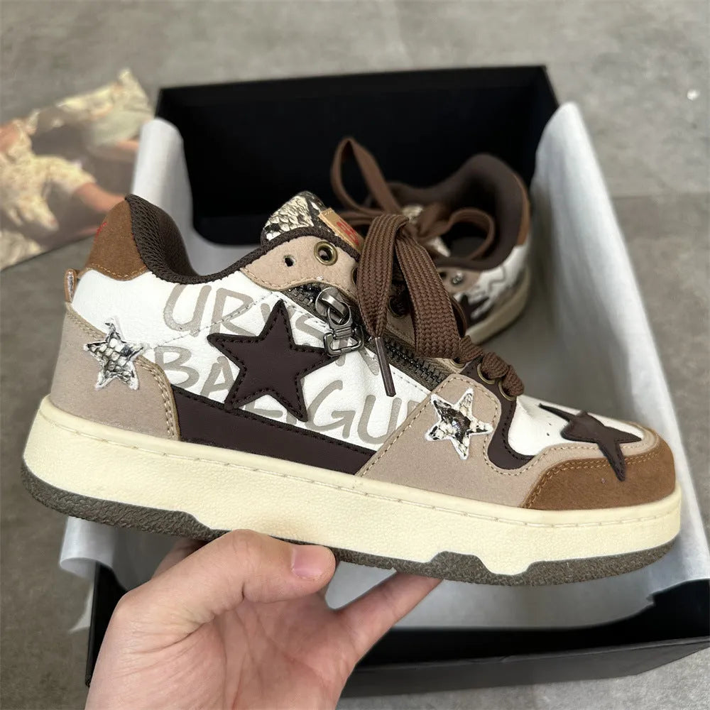Brown candy colour low-top sneakers for women with artificial PU upper and rubber sole, round toe, lace-up closure