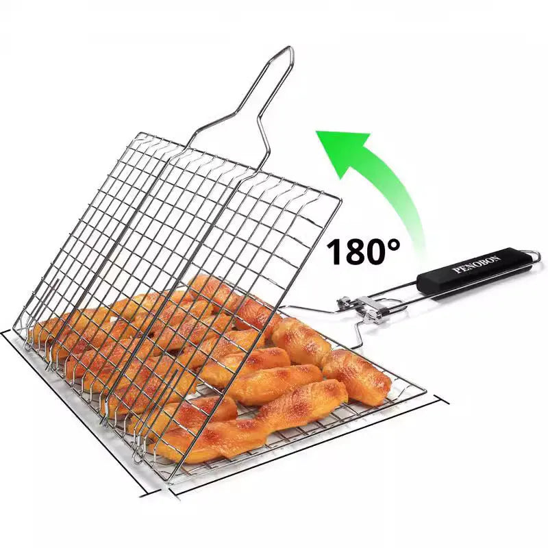 Square stainless steel barbecue mesh basket with folding handle and cleaning brush for outdoor grilling