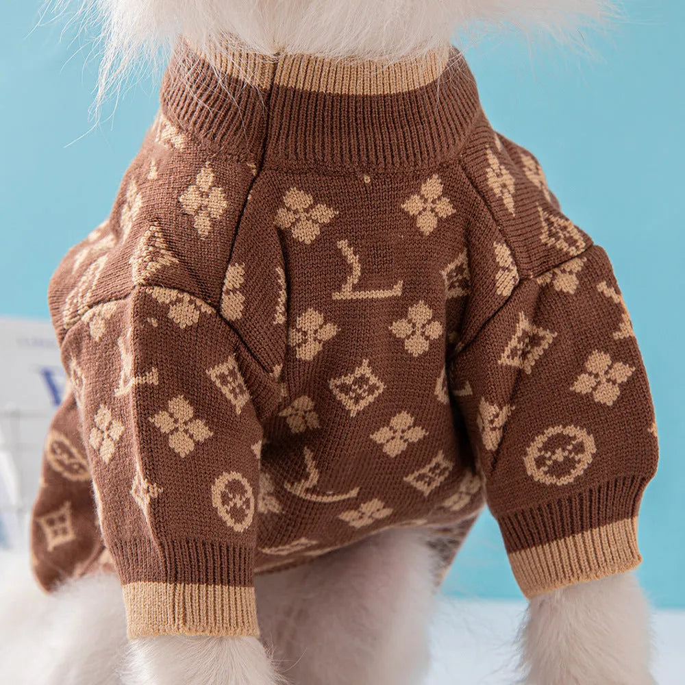 A dog wearing a thick wool knit sweater in a European style, available in sizes from XS to XXL.