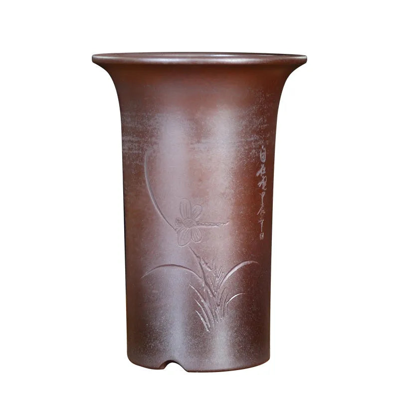 Classical Chinese style round stick bottle orchid pot in firewood flat mouth finish with black plastic support