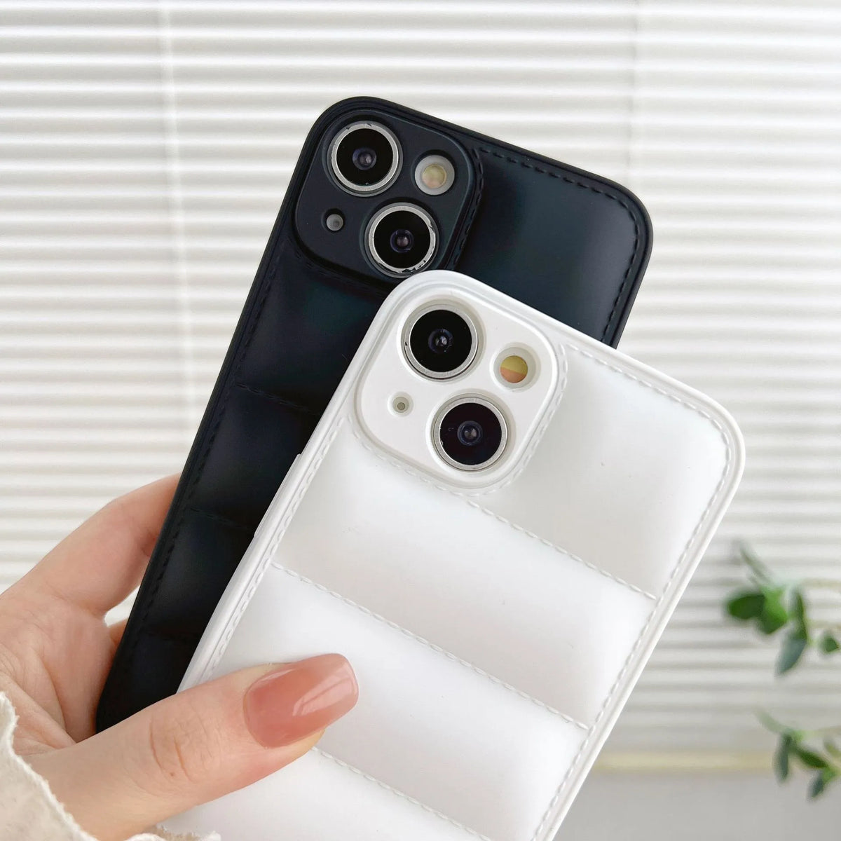 Plastic down jacket style TPU phone case in black for iPhone 15 Pro